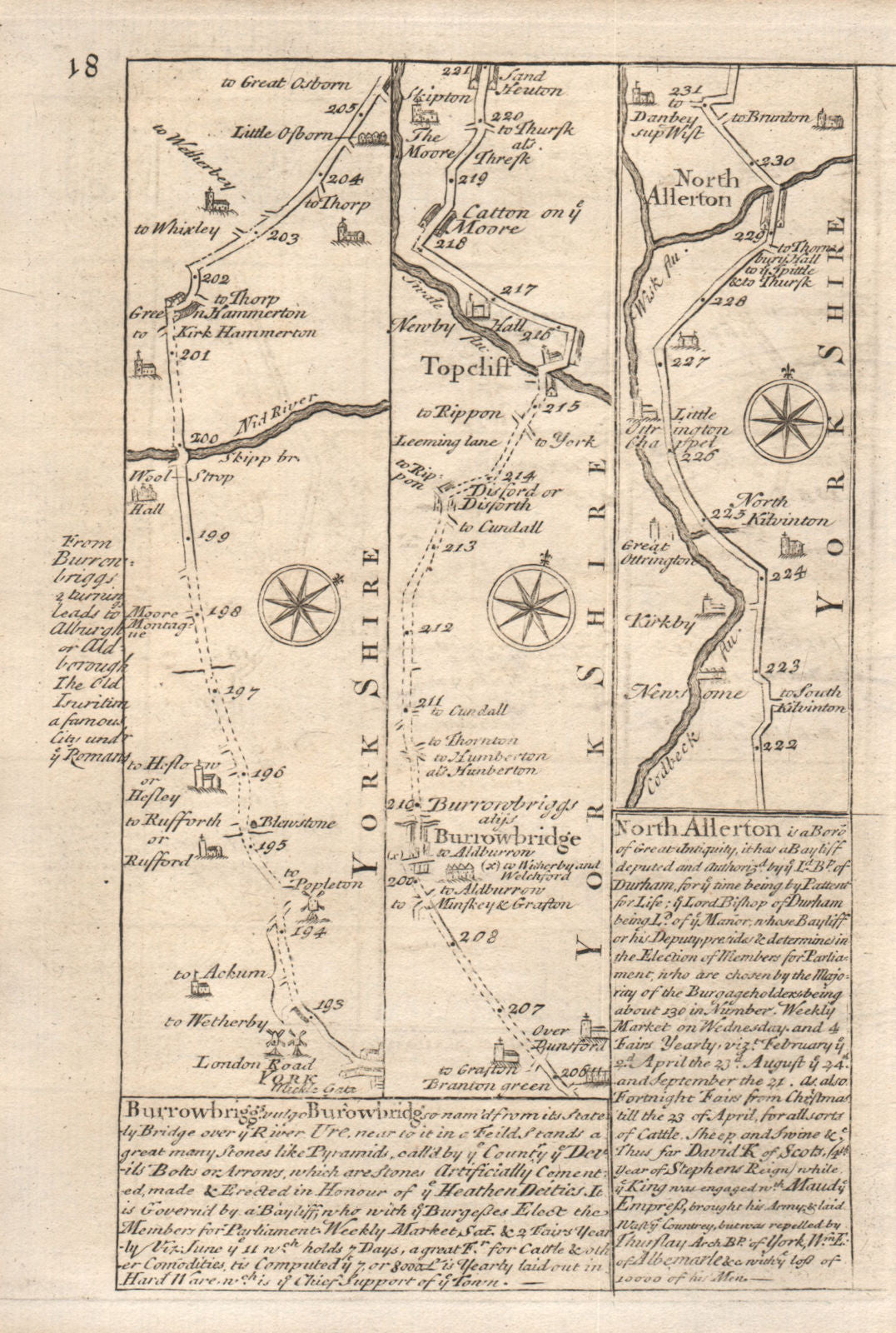Boroughbridge-Topcliffe-Catton-Northallerton road map by OWEN & BOWEN 1753
